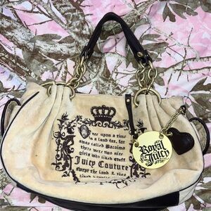 Vintage Y2k Juicy Couture Beige Suede Shoulder Bag with Gold Charm and Dark Trim